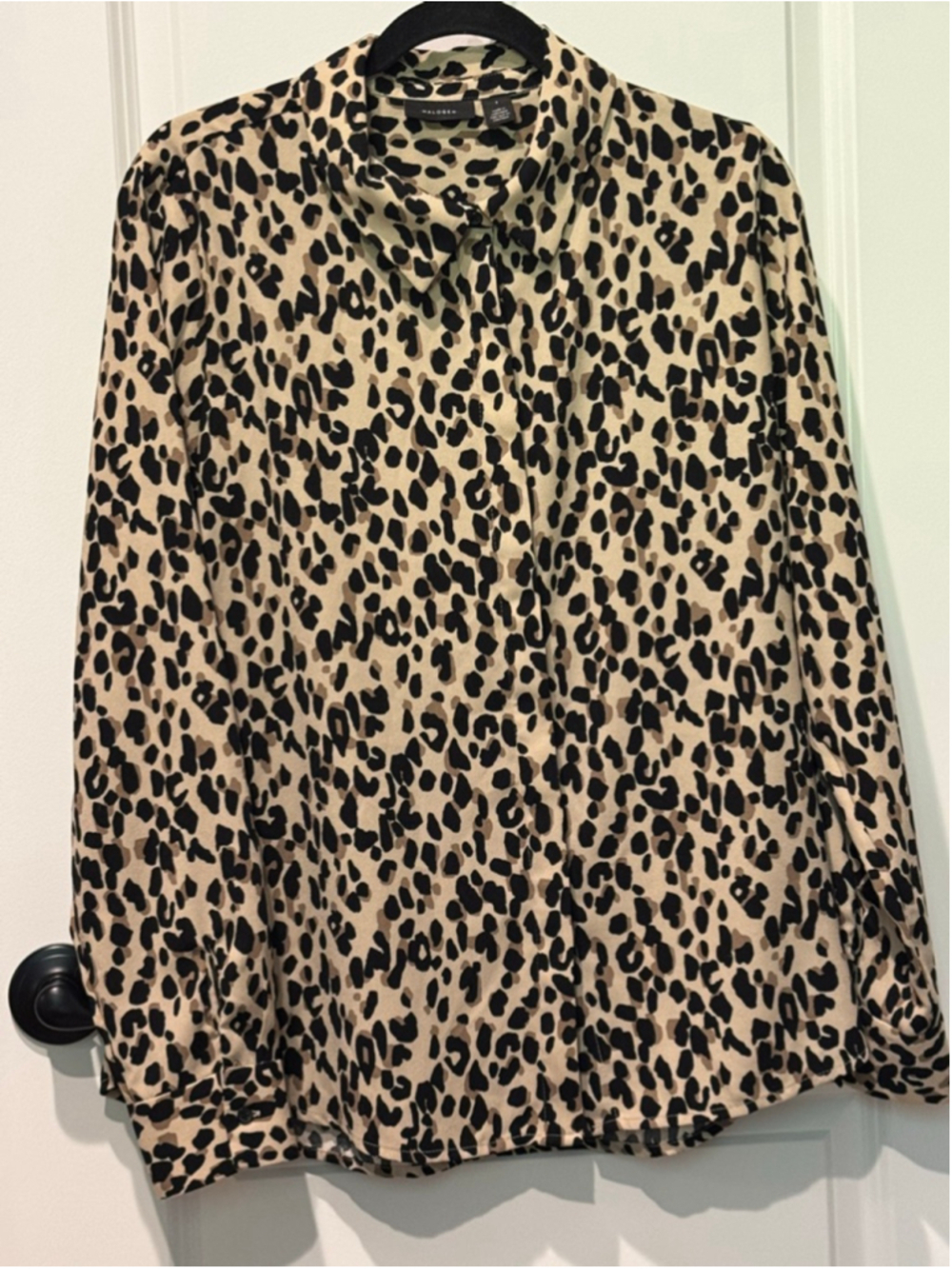 Women's Halogen Leopard Print button front Blouse L Beige Black